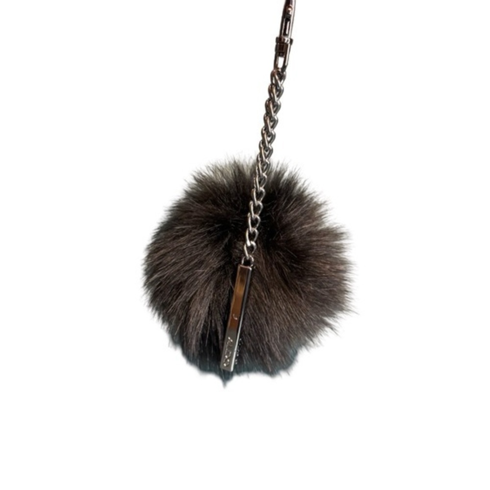 Black & Gunmetal Poof Circle Fuzzy Fur Aldo Bag Charm Key Chain EUC